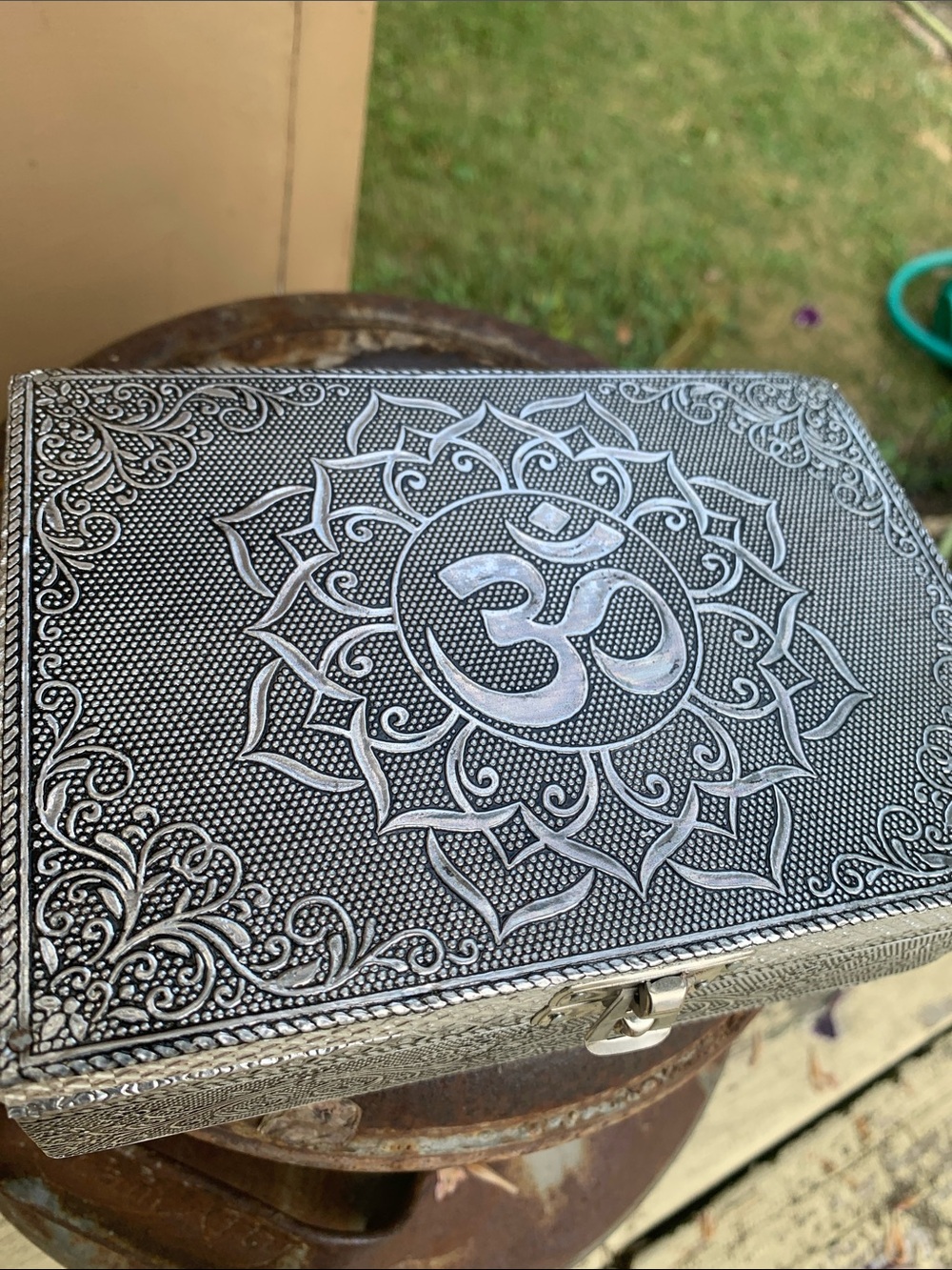 Embossed Om Motif Metal Trinket Box Made From Wood Velvet Inside